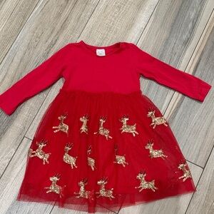 Red and Gold Kids Dress with Reindeer Design